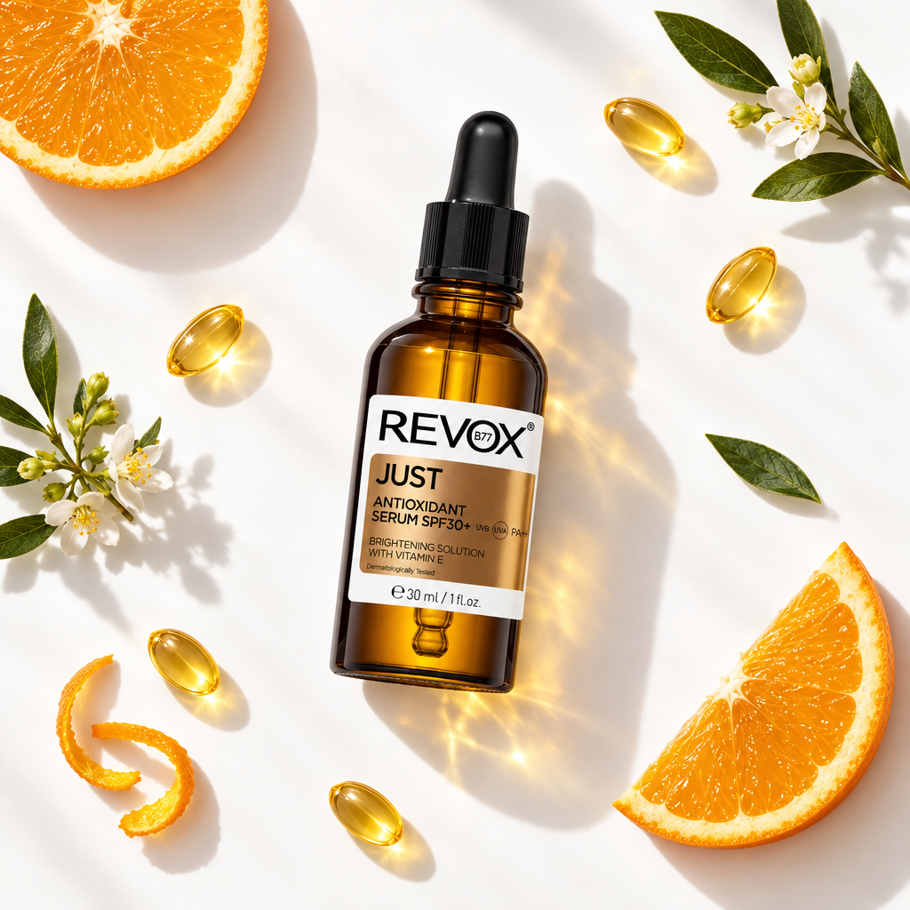 A bottle of REVOX JUST Antioxidant Serum SPF30+ centered on a white background, surrounded by orange slices, orange peels, translucent golden supplement capsules, and small white flowers. The product is an amber glass dropper bottle with a black cap and a white-and-brown label.