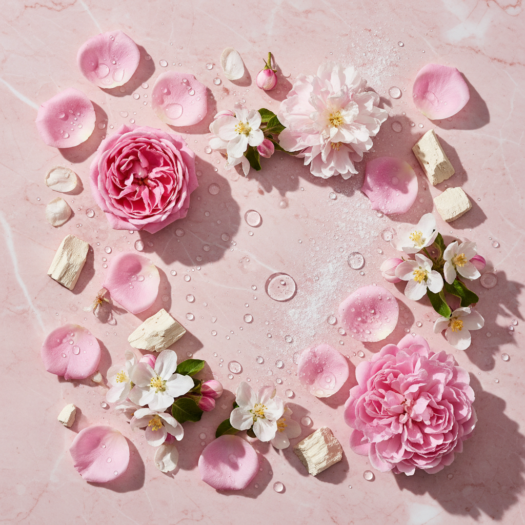 Dolce & Gabbana Dolce Rose ingredients flat lay - rose petals, apple blossom, peony, white musk, sandalwood