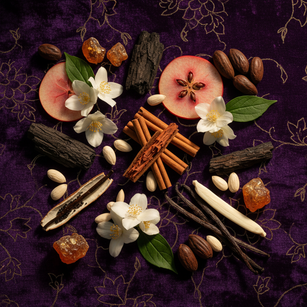 Notes olfactives Lattafa The Kingdom — cannelle, amande amère, jasmin, pomarose, akigalawood, vanille absolue, ambre, tonka