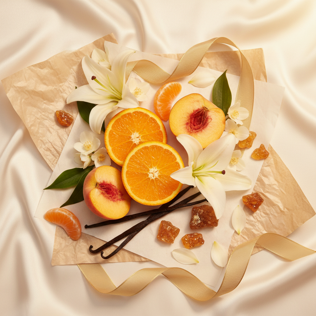 Dolce & Gabbana The One gift set flat lay - mandarin, peach, lily, jasmine, vanilla, amber, gold ribbon