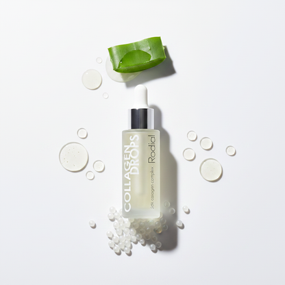 Rodial Collagen Drops Serum 30ml flat lay with marine collagen and skincare ingredients