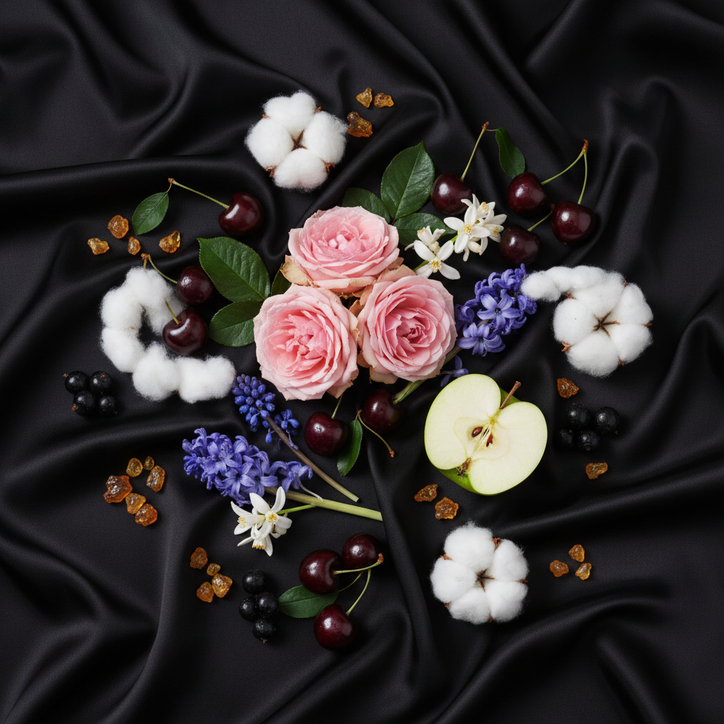 Notes olfactives Guerlain La Petite Robe Noire — rose, fleur d'oranger, jacinthe, cerise, cassis, pomme, ambre, musc blanc