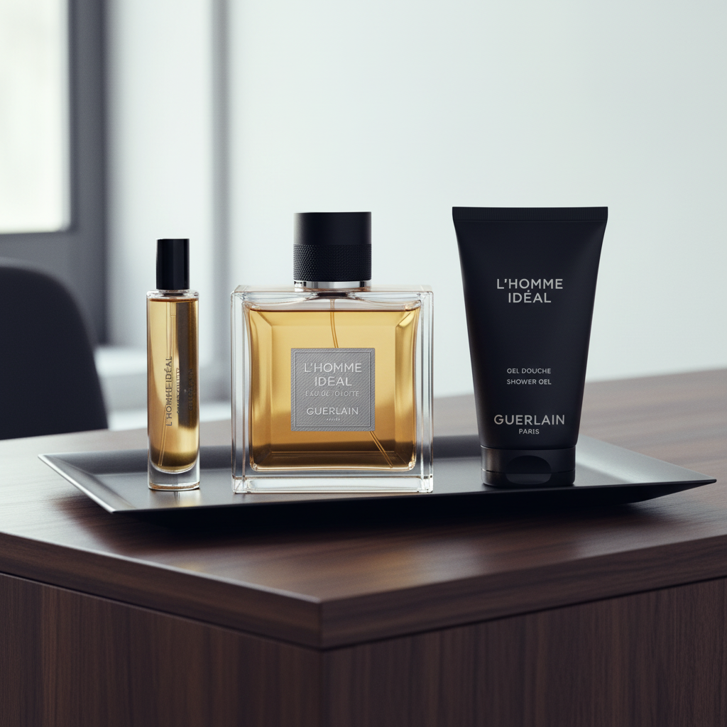 Guerlain L'Homme Idéal Gift Set — lifestyle sur plateau grooming masculin