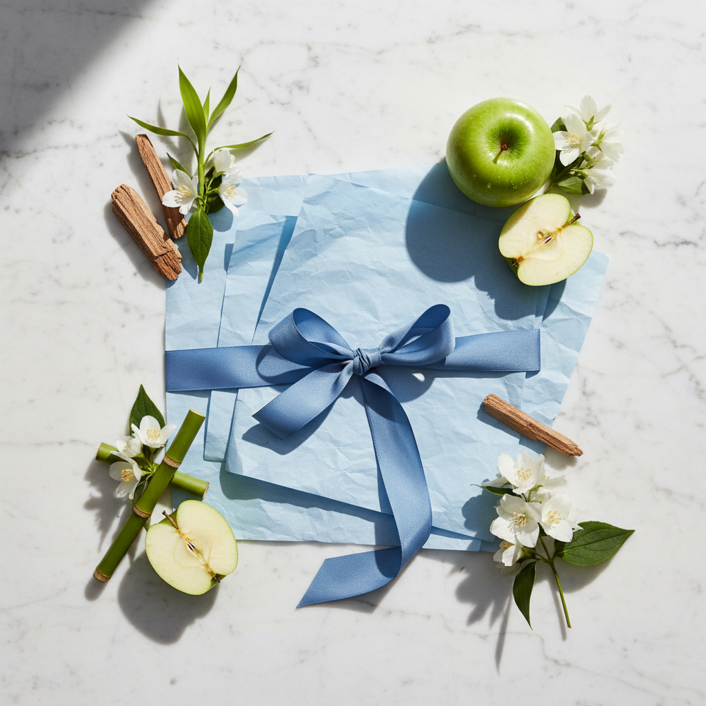 Dolce & Gabbana Light Blue gift set flat lay - cedar, apple, jasmine, bamboo, blue ribbon