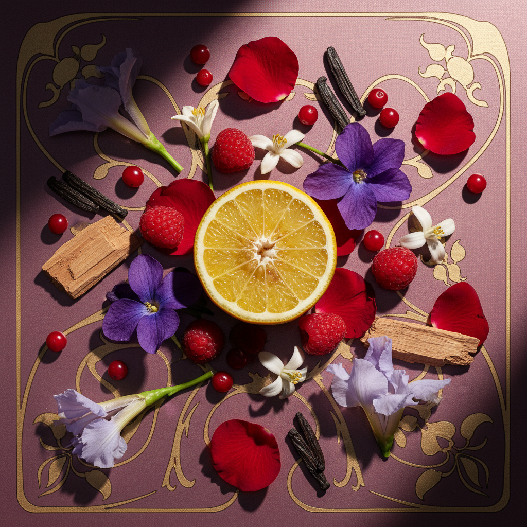 Notes olfactives Guerlain Insolence — bergamote, framboise, fruits rouges, violette, rose, fleur d'oranger, iris, tonka, santal, musc