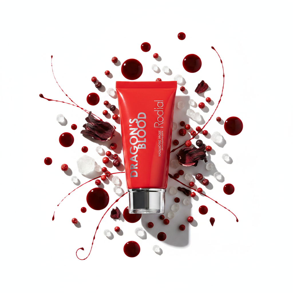 Rodial Dragon's Blood Cream Mask 20ml flat lay with dragon blood resin and botanical ingredients