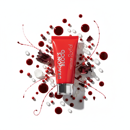 Rodial Dragon's Blood Cream Mask 20ml flat lay with dragon blood resin and botanical ingredients
