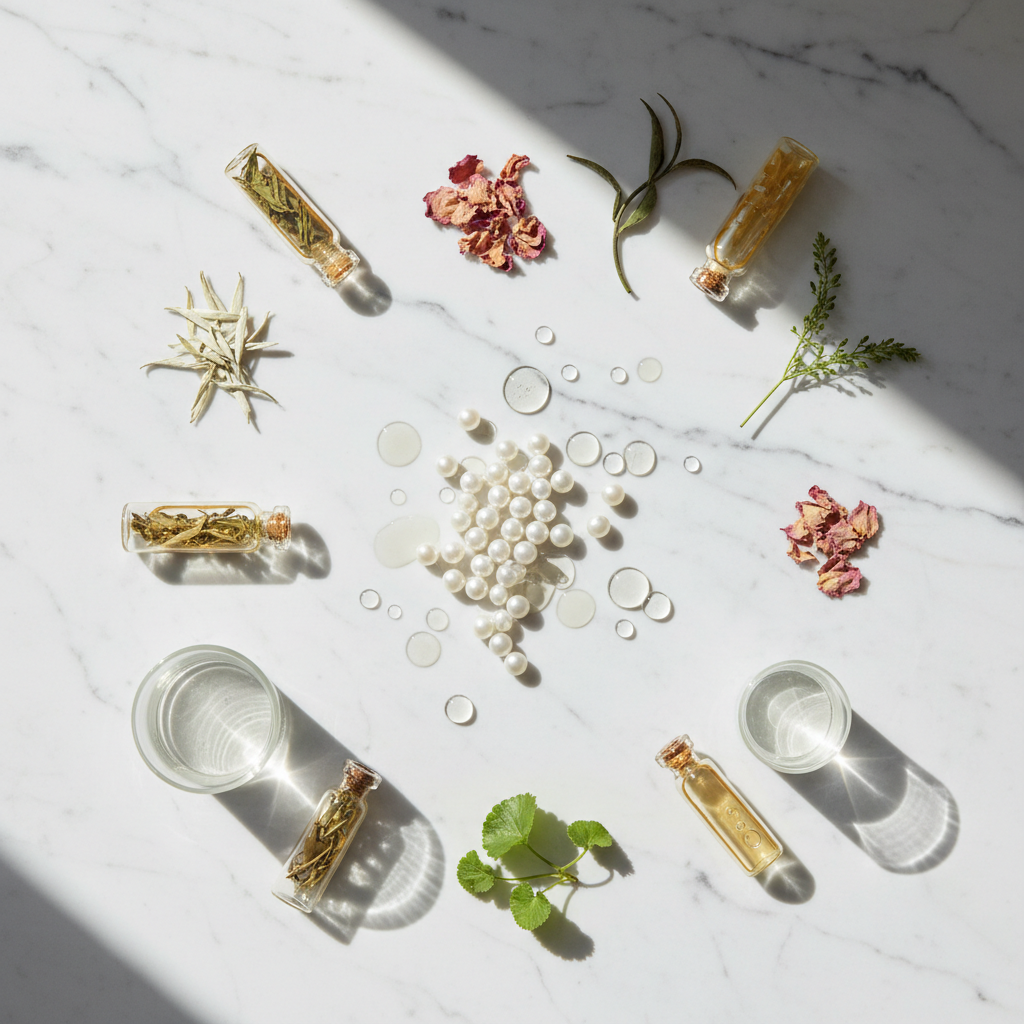 Rodial Collagen Drops Serum ingredients flat lay - collagen peptides and botanical extracts