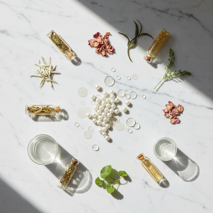 Rodial Collagen Drops Serum ingredients flat lay - collagen peptides and botanical extracts