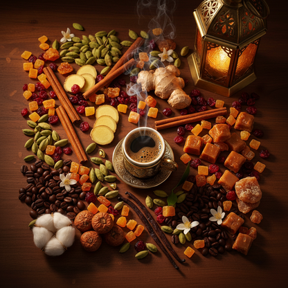 Notes olfactives Lattafa Khamrah Qahwa — cardamome, gingembre, cannelle, praline, café, vanille, tonka, benjoin, musc