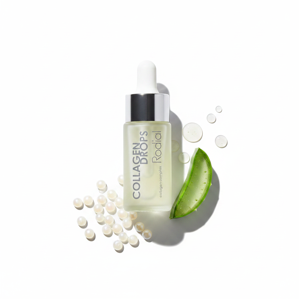 Rodial Collagen Drops Serum flat lay with marine collagen and skincare ingredients