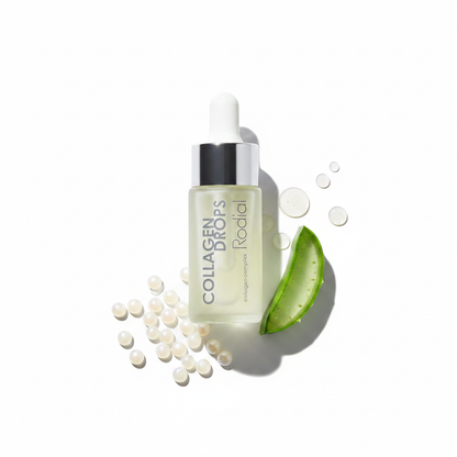Rodial Collagen Drops Serum flat lay with marine collagen and skincare ingredients