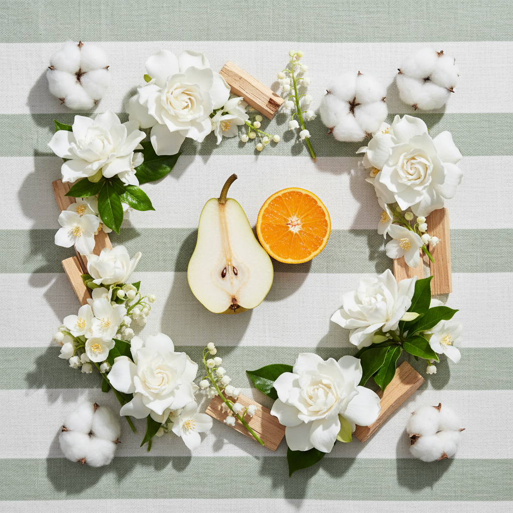 Notes olfactives Lattafa Layaan — poire verte, mandarine, gardénia, jasmin, muguet, cèdre, musc