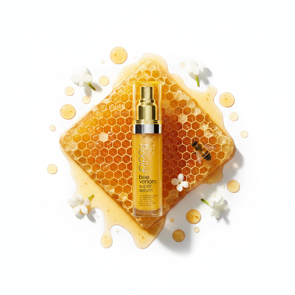 Rodial Bee Venom Nourishing Face Serum 30ml flat lay with honeycomb and amber honey drops