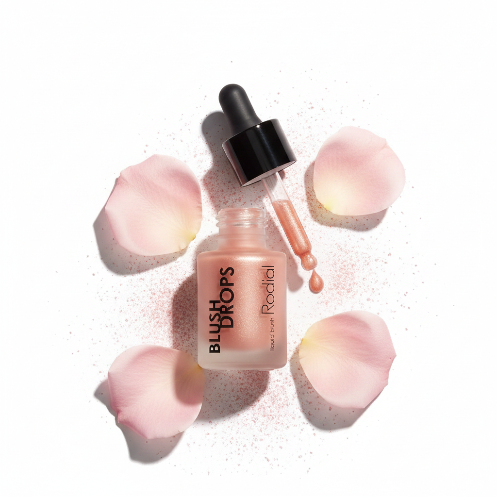 Rodial Blush Drops Sunset Kiss flat lay with rose petals and pink powder dust