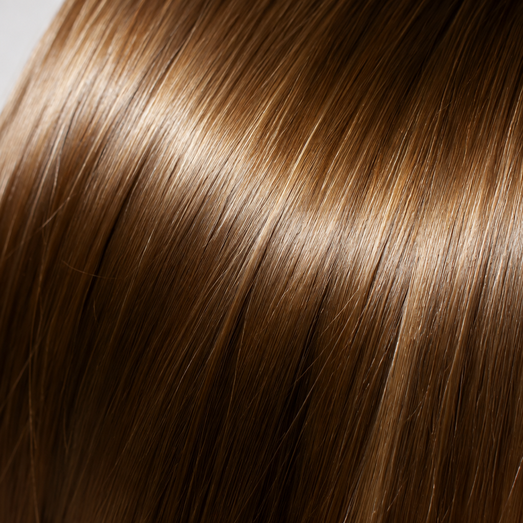 A close-up texture shot of straight, glossy brown hair with warm golden highlights, filling the entire frame.