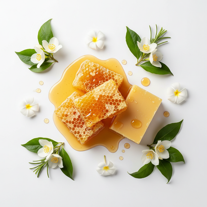 Rodial Bee Venom key ingredients: honeycomb, amber honey drops and botanical flowers flat lay