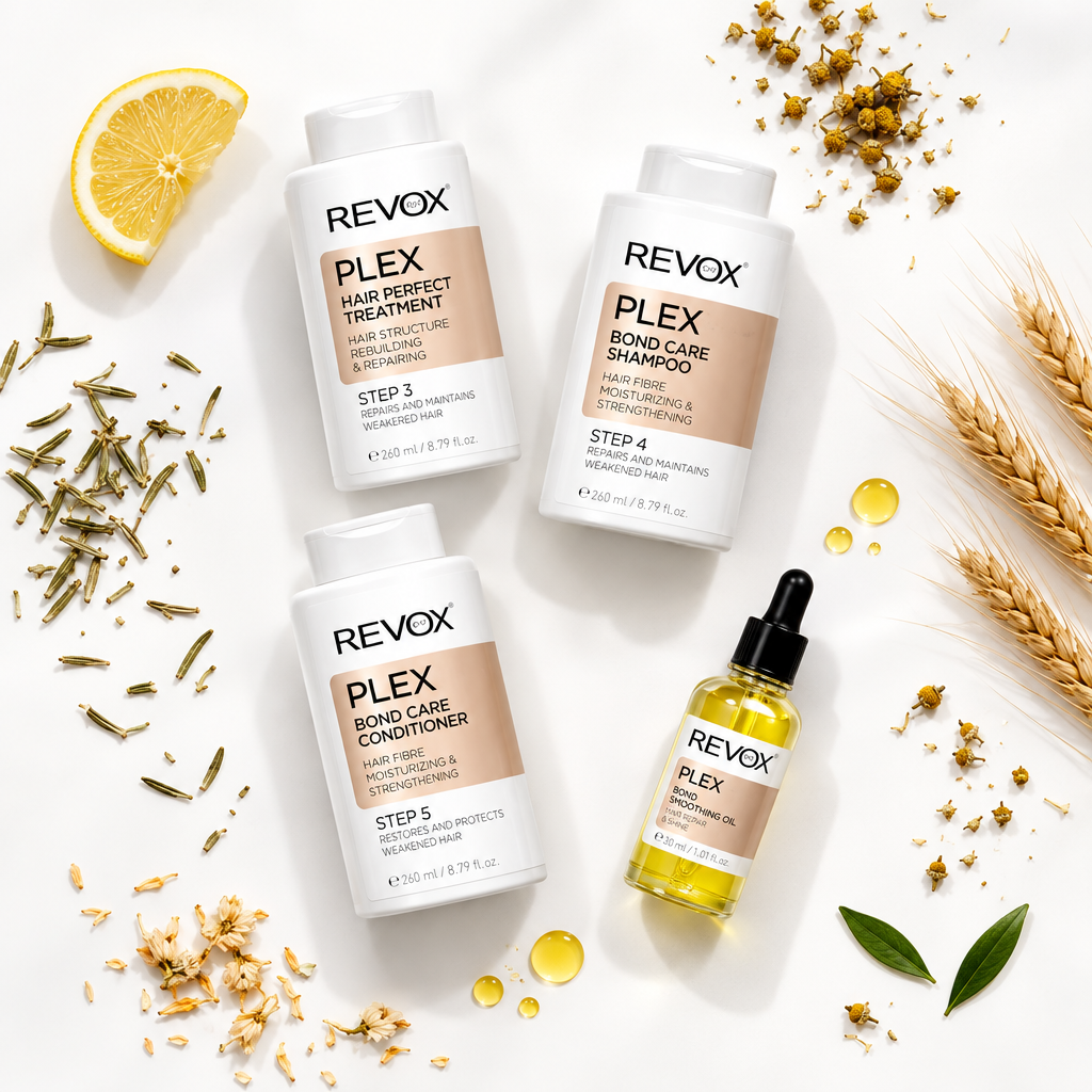 Five Revox PLEX hair bonding care products arranged on a white surface with decorative botanical and citrus props: three white bottles labeled Bond Care Treatment, Bond Care Shampoo, and Bond Care Conditioner, plus a small dropper bottle of Bond Care Oil. The scene includes wheat stalks, dried flowers, olive leaves, and lemon slices.