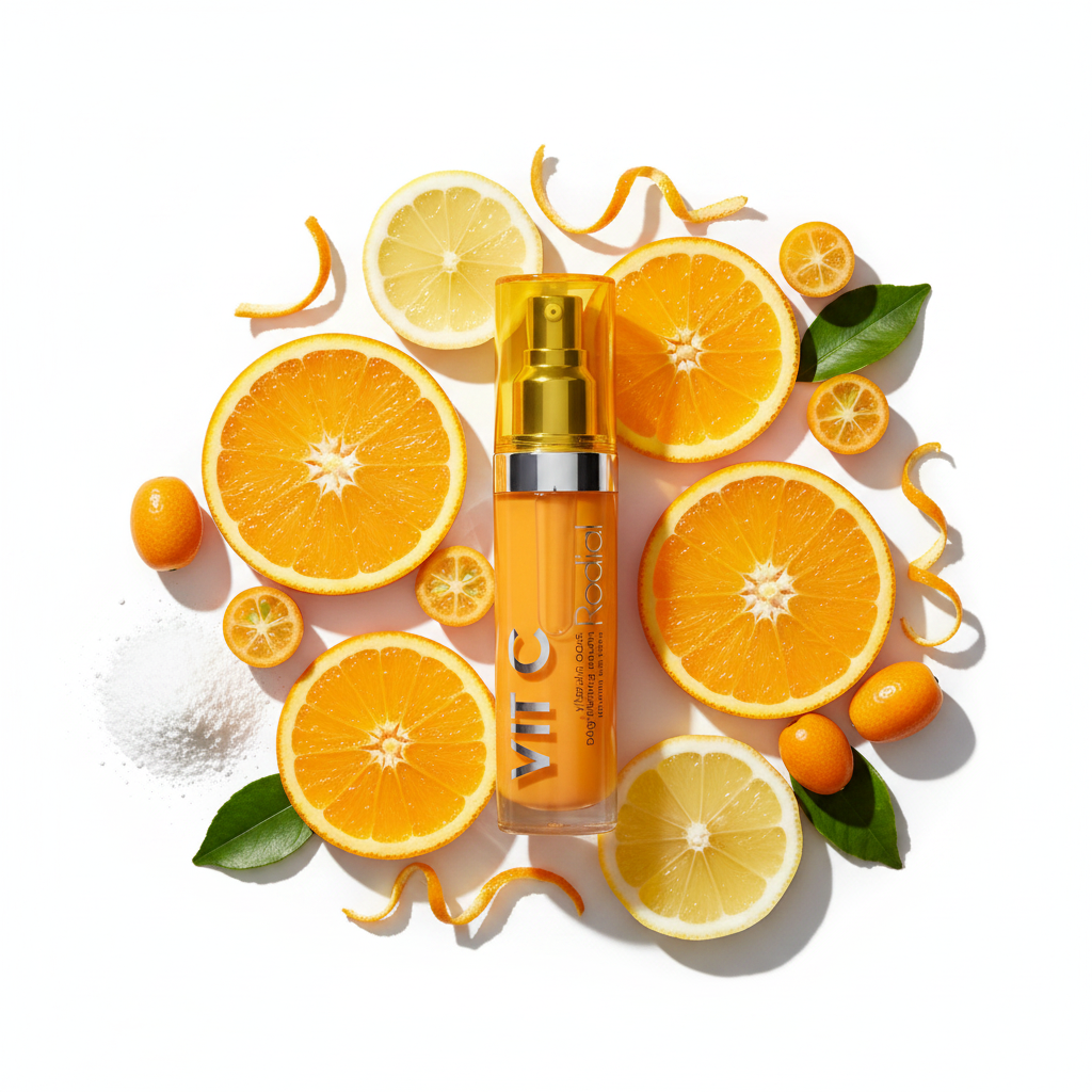 Rodial Vit C Brightening Face Serum 30ml flat lay with orange slices and citrus ingredients