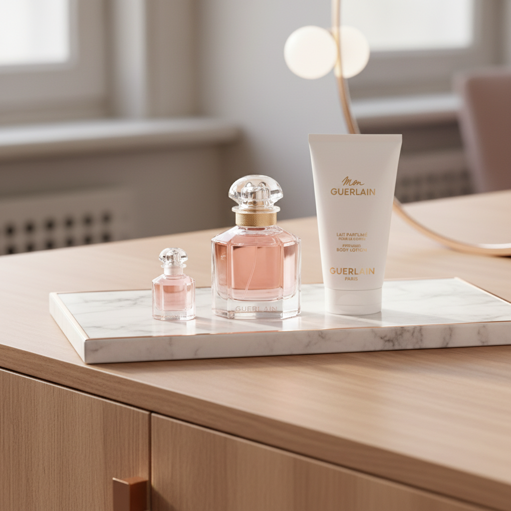Guerlain Mon Guerlain Gift Set — lifestyle sur plateau de coiffeuse rose et or