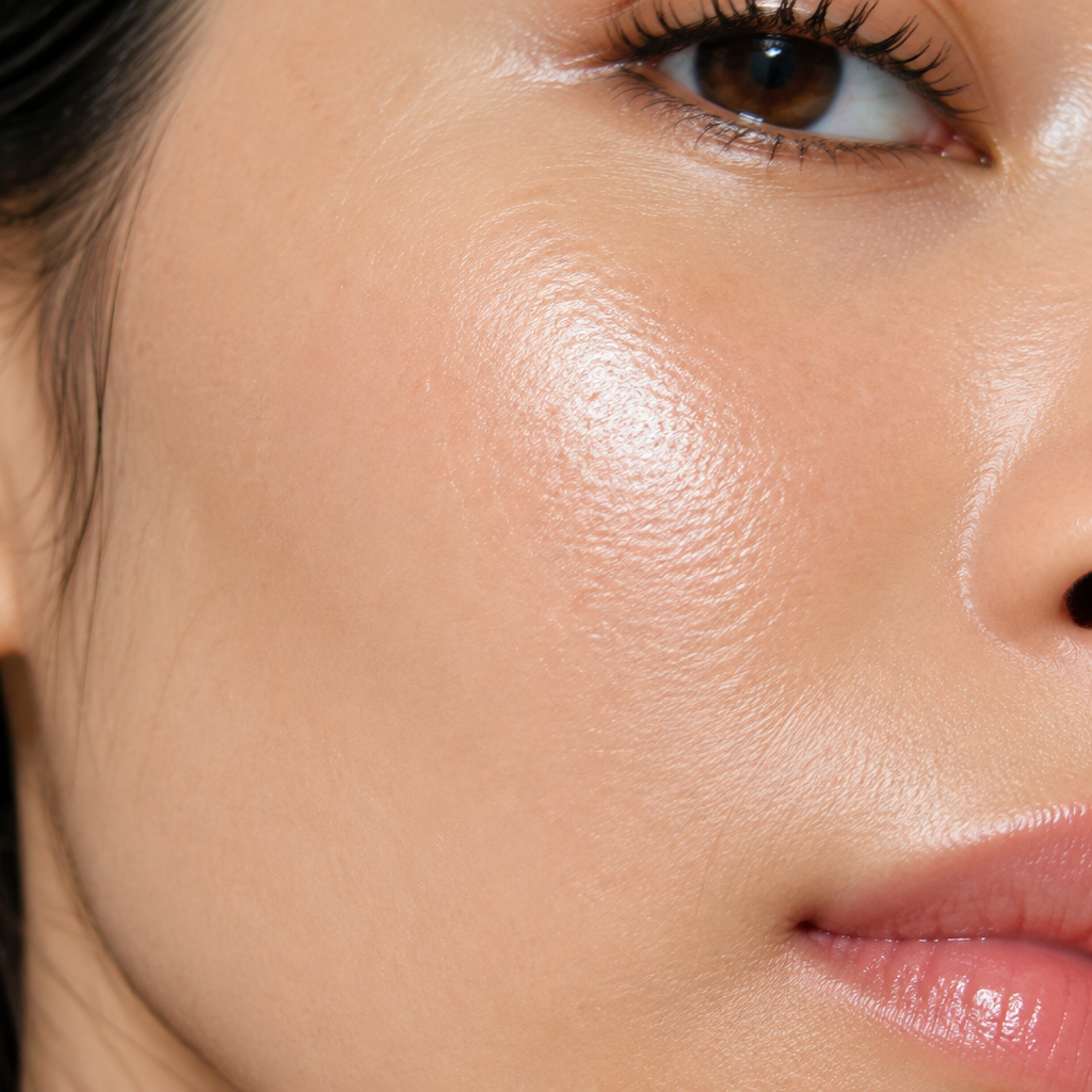 Close-up of a woman's face highlighting a radiant, dewy complexion on her cheek.