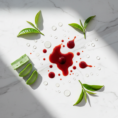 Rodial Dragon's Blood skincare ingredients flat lay — dragon blood resin, aloe vera, hyaluronic acid on marble