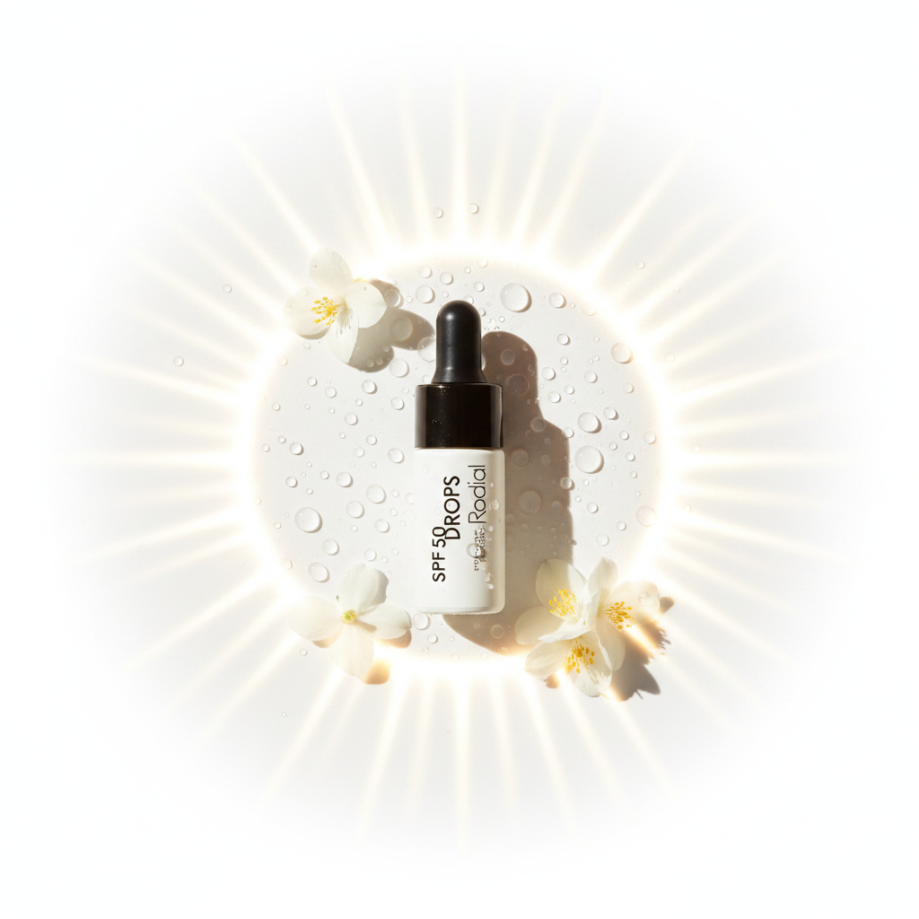 Rodial SPF 50 Drops UV Protection Serum 10ml flat lay with sun rays and skincare ingredients