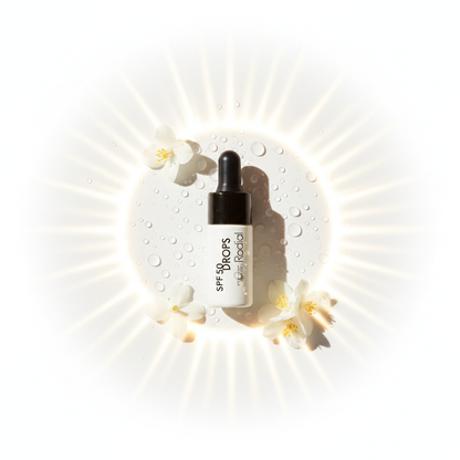 Rodial SPF 50 Drops UV Protection Serum 10ml flat lay with sun rays and skincare ingredients