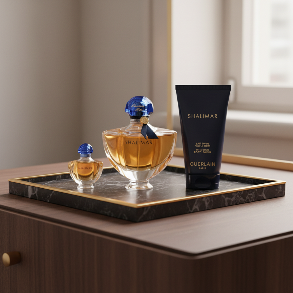 Guerlain Shalimar Gift Set — lifestyle sur plateau de coiffeuse