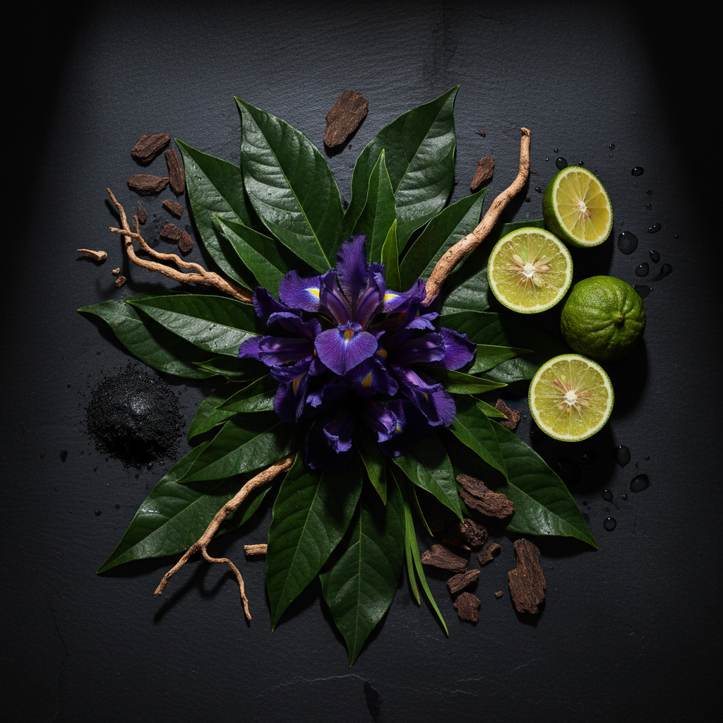 Dolce & Gabbana Q Intense ingredients flat lay - iris, bergamot, oud, patchouli, vetiver, black musk
