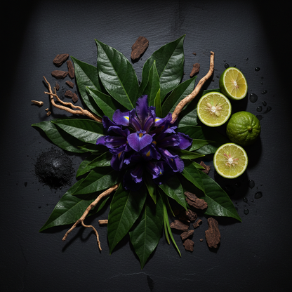 Dolce & Gabbana Q Intense ingredients flat lay - iris, bergamot, oud, patchouli, vetiver, black musk