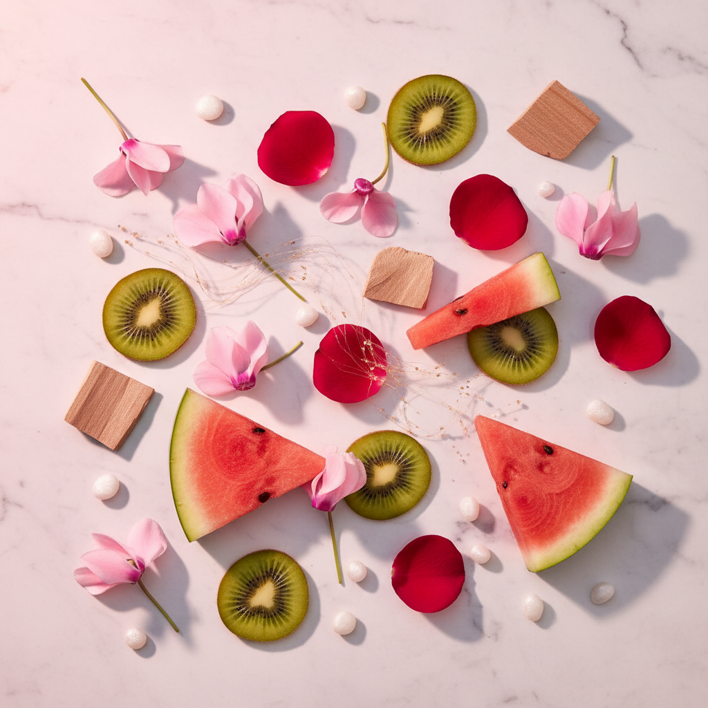 Dolce & Gabbana L'Imperatrice 3 ingredients flat lay - kiwi, watermelon, cyclamen, rose, sandalwood