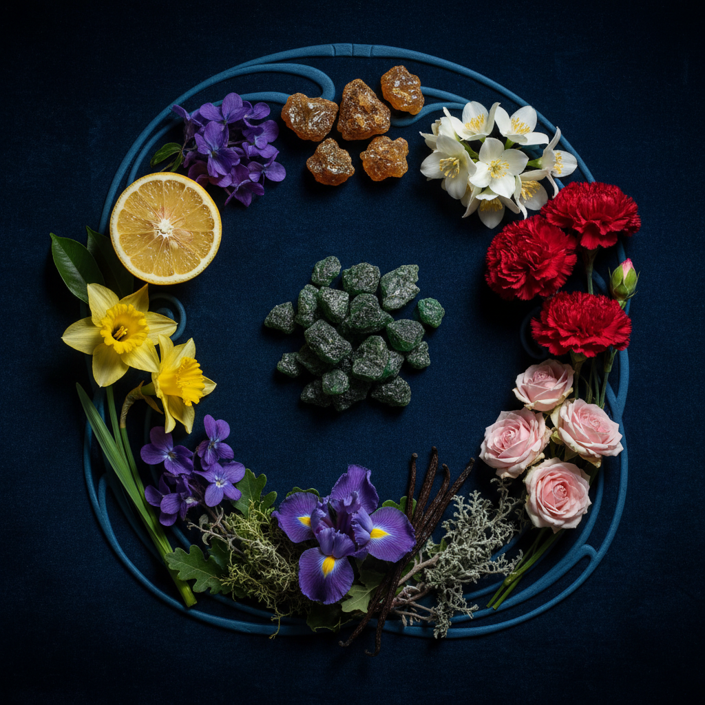 Notes olfactives Guerlain Vol de Nuit — galbanum, bergamote, jonquille, violette, oeillet, jasmin, rose, ambre, iris, mousse de chêne, vanille