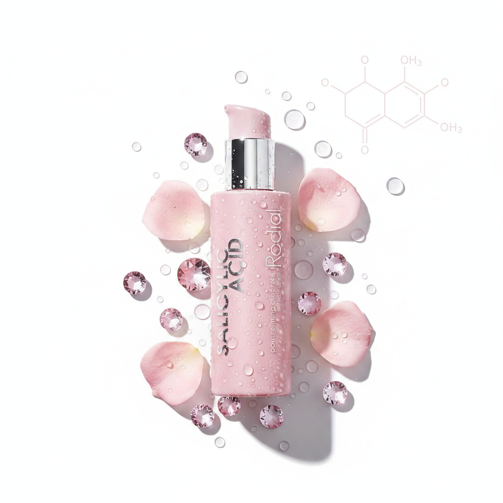 Rodial Pink Diamond Cleansing Gel 145ml flat lay with pink diamond crystals and rose petals