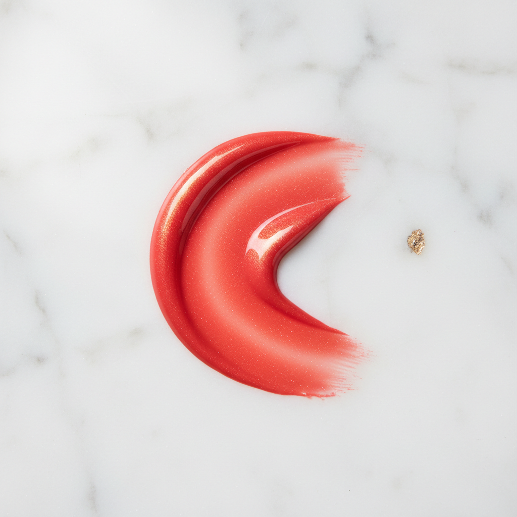 Dolce & Gabbana Shinissimo High Shine Lipstick Shade 600 coral-red gloss swatch flat lay