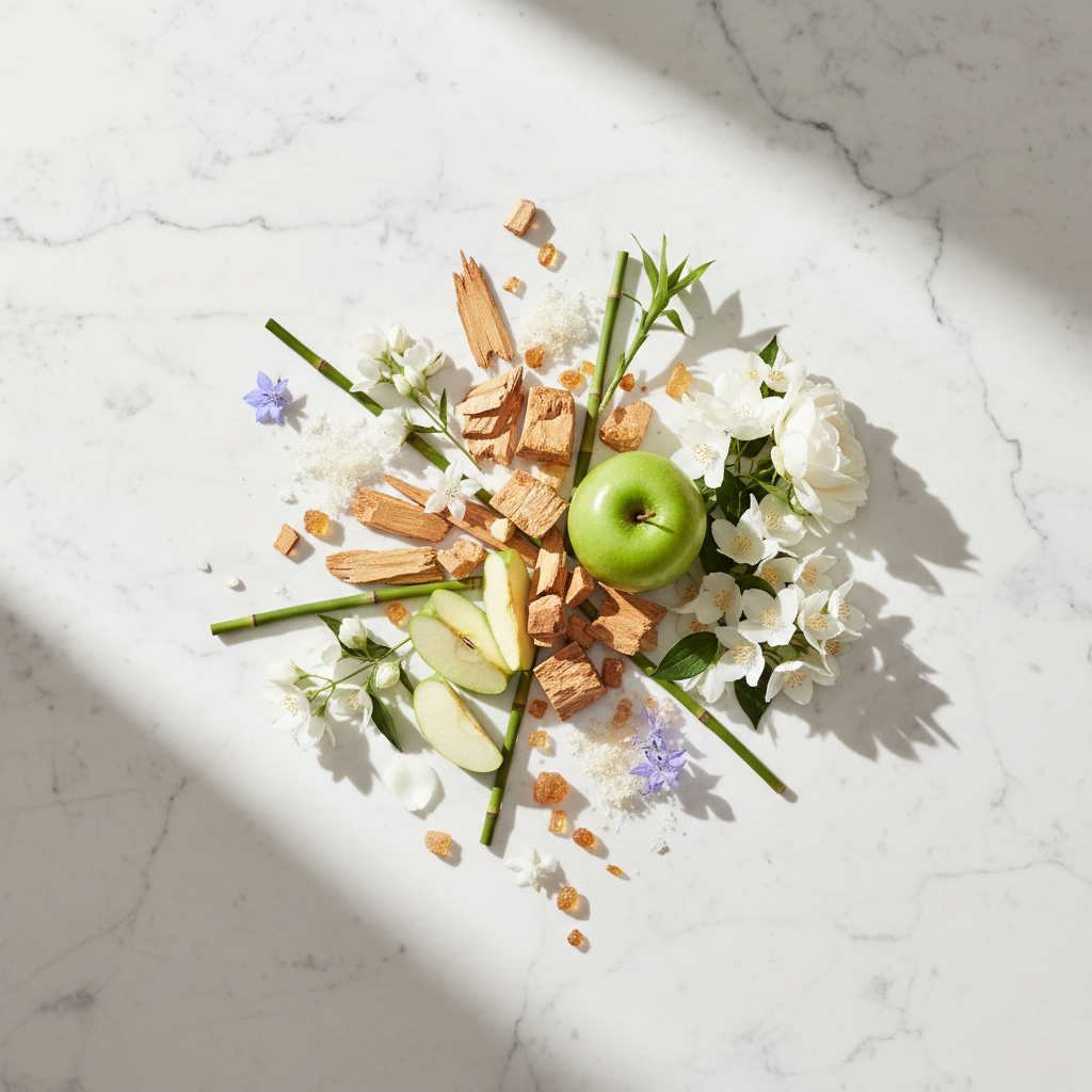 Dolce & Gabbana Light Blue ingredients flat lay - cedar, apple, jasmine, white rose, amber