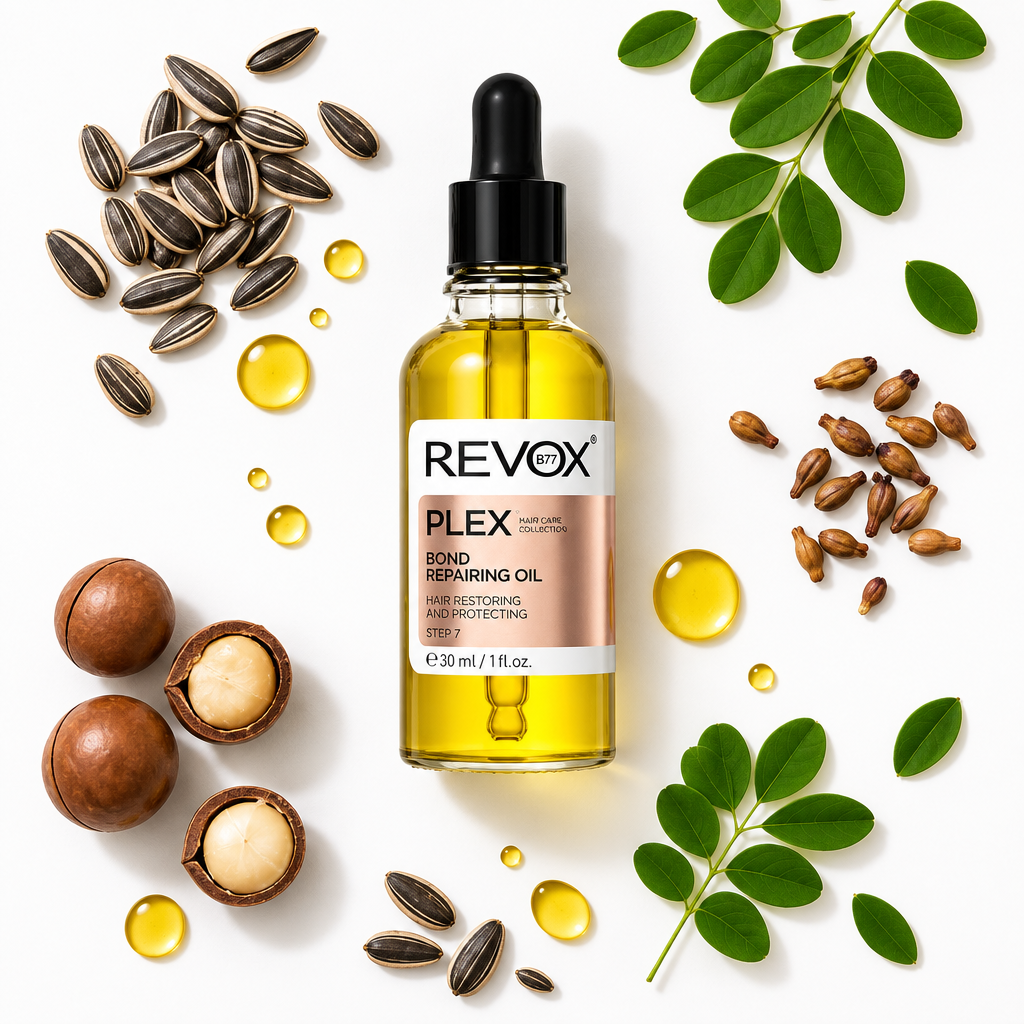 A bottle of REVOX PLEX Bond Repairing Oil centered on a white background, surrounded by natural ingredients including sunflower seeds, macadamia nuts, green leaves, and golden oil droplets.