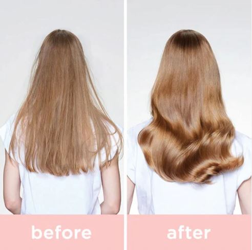 Before and after comparison of hair styling with a person wearing a white shirt.