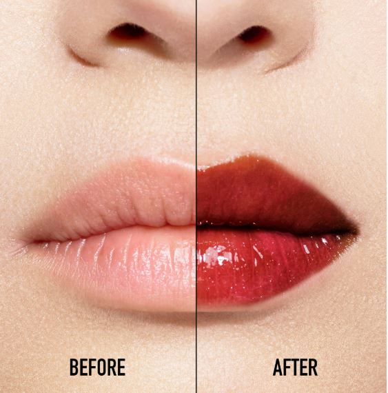 Before and after comparison of lips with a red lipstick application.