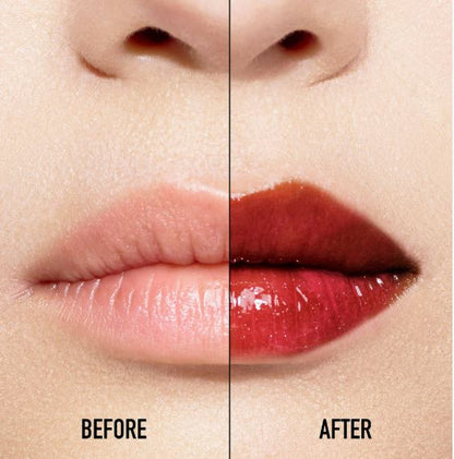 Before and after comparison of lips with a red lipstick application.