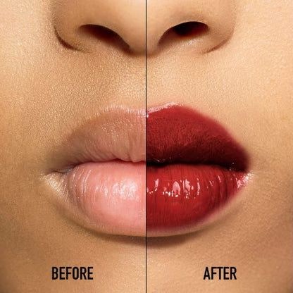 Before and after comparison of a red lipstick on lips.