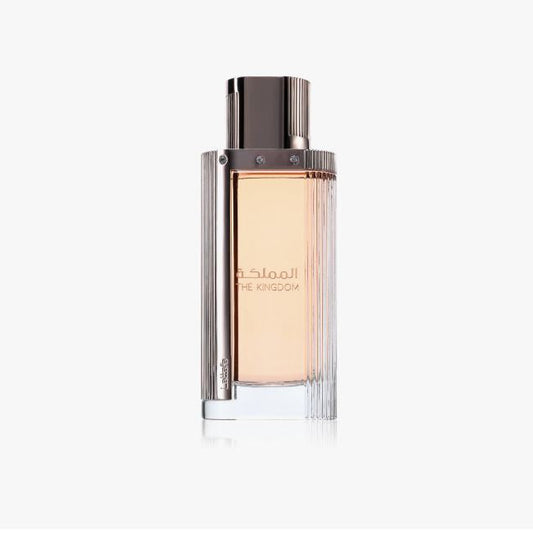 Perfume bottle with a metallic cap on a white background