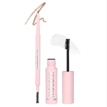 Makeup set with pink eyeliner, mascara, and brow product on a white background