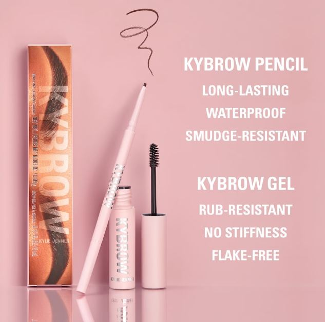 KYBROW eyebrow pencil and gel with product features on a pink background