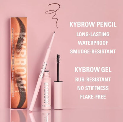 KYBROW eyebrow pencil and gel with product features on a pink background