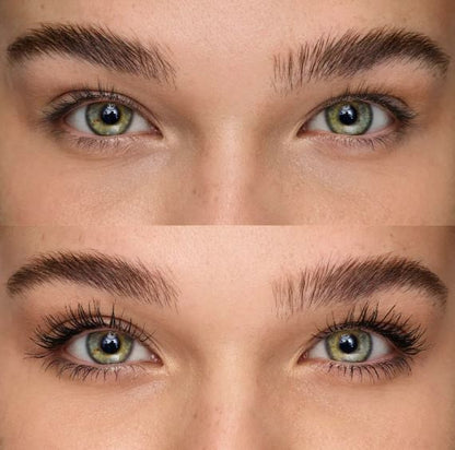 Close-up of a person's eyes with and without eyelashes, showing the effect of eyelash extensions.