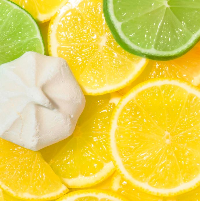 Close-up of sliced lemons and limes with a piece of white candy.