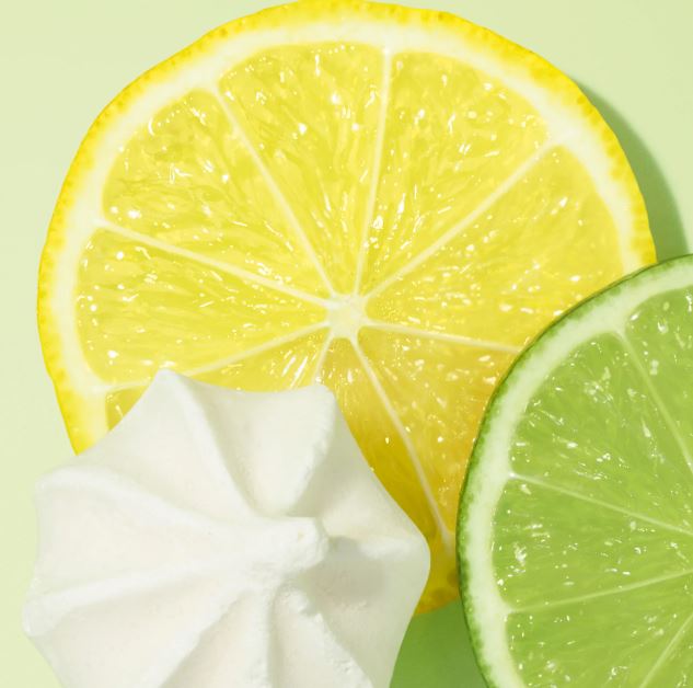 Sliced lemon, lime, and a dollop of whipped cream on a light green background