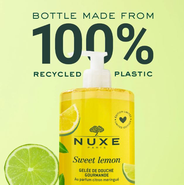 Nuxe Sweet Lemon shower gel with 100% recycled plastic bottle on a light green background