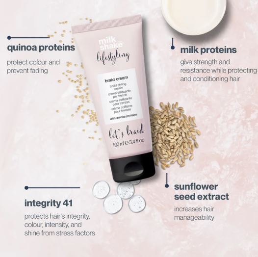 Milk & Honey braid cream tube with ingredients listed on a light pink background
